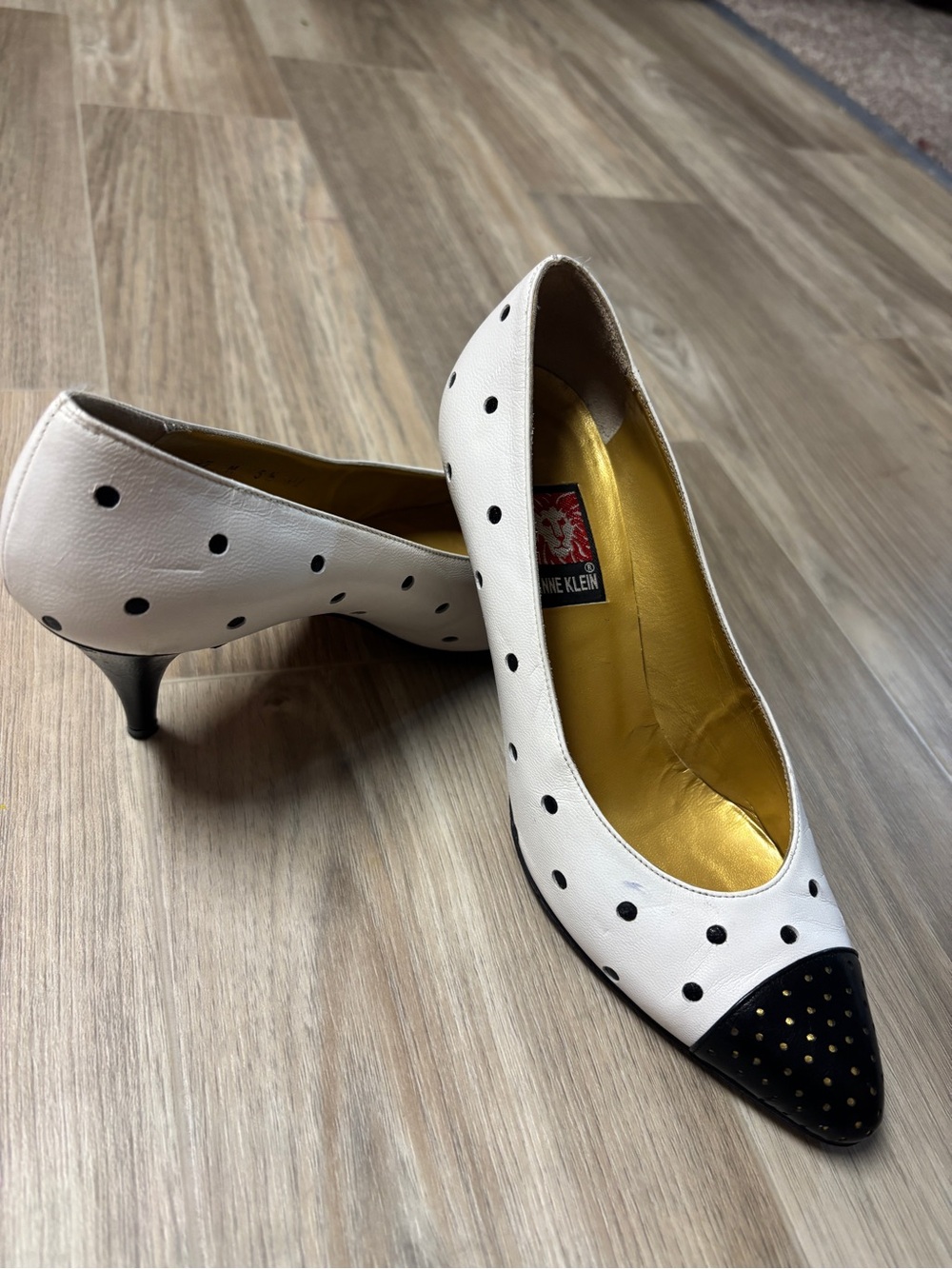 Anne Klein White Pumps with Black and Gold Toe Cap